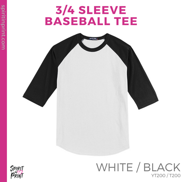 3/4 Sleeve Baseball Tee - White / Black (Ewing Eagle Face #143808)