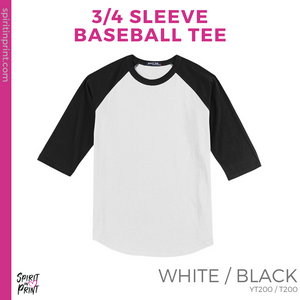 3/4 Sleeve Baseball Tee - White / Black (Ewing Script #143811)