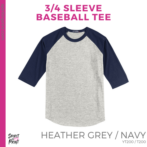 3/4 Sleeve Baseball Tee - Heather Grey / Navy (PCA Block #143823)