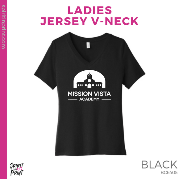 Ladies Jersey V-Neck Tee- Black (Mission Vista Academy Logo)