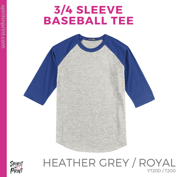 3/4 Sleeve Baseball Tee - Heather Grey / Royal (Mountain View Arch #143389)