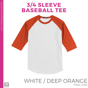 3/4 Sleeve Baseball Tee - White / Deep Orange